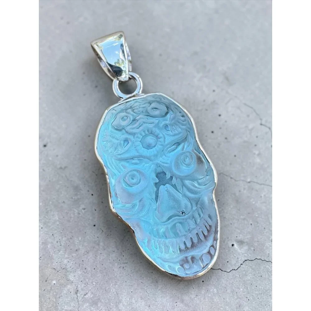 Sugar Skull Luminite Solid 925 Sterling Silver Pendant Handmade Taxco Mexico - Picture 3 of 8